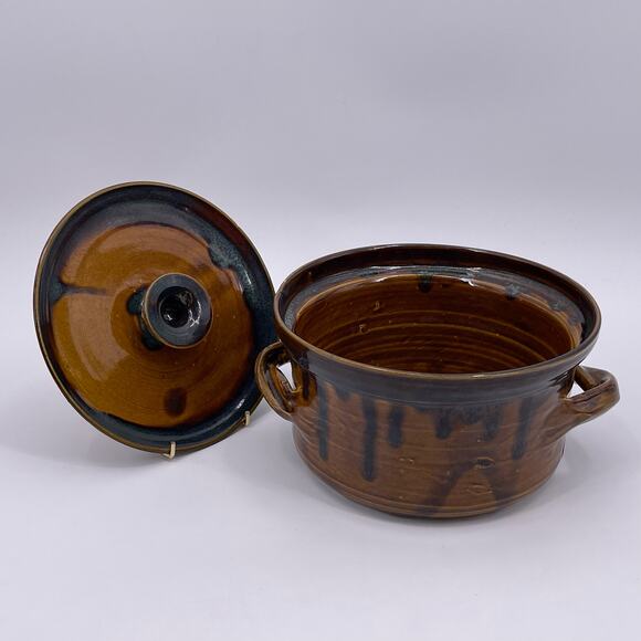 Handmade Bear Pottery Serving Bowl Dish with Lid Brown Drip Highland Wisconsin - Picture 13 of 16